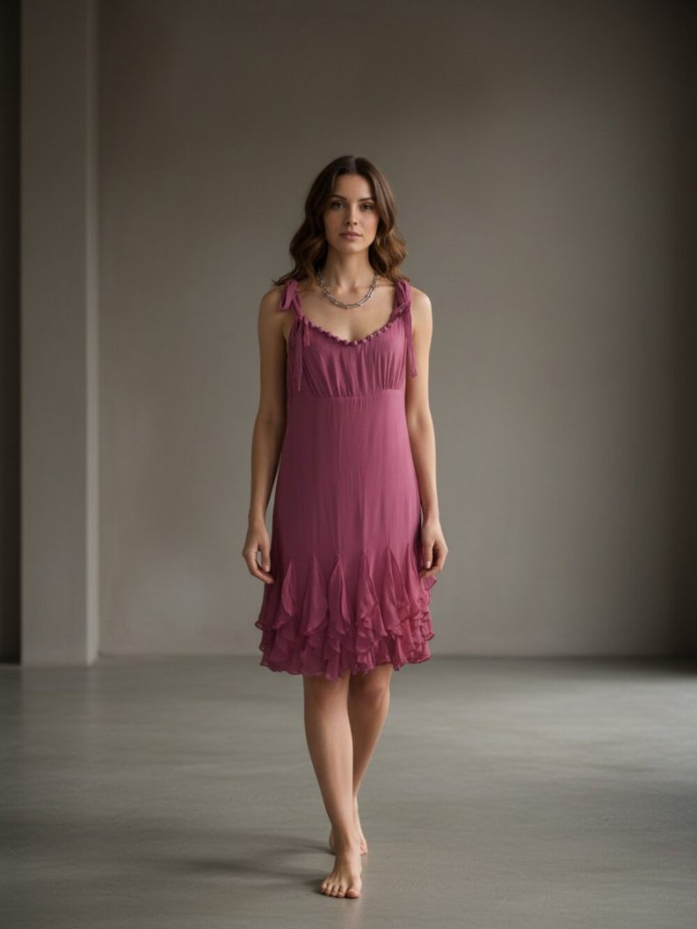 Y2K Silk Ruffle Hem Dress Pink Beaded Strap Boho Fairycore Mini
